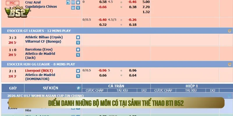 Mỗi bộ môn tại thể thao BTi B52 cung cấp nhiều sự kiện